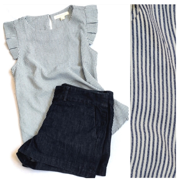 Monteau Tops - Monteau Navy & White Pinstripe Ruffled Sleeve Blouse